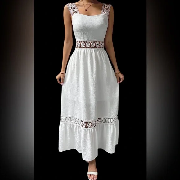 Women’s Guipures Lace Sleeve Insert Ruffle Hem Cami Long Summer/Spring Dress. - Picture 3 of 7